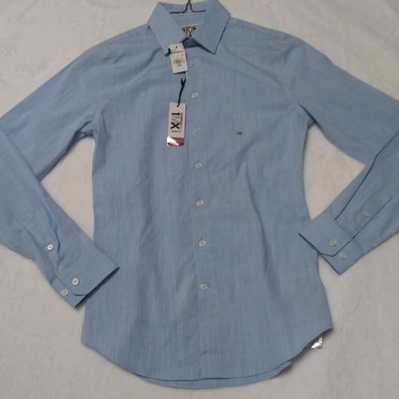 Express 1MX Mens Extra Slim Fit Light Blue Button - Picture 2 of 8